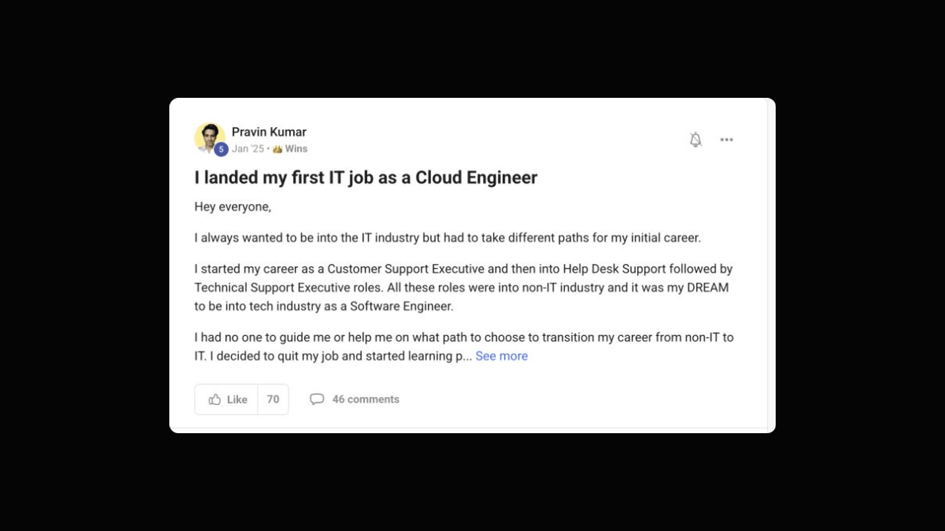 Pravin Kumar: First IT job as a Cloud Engineer